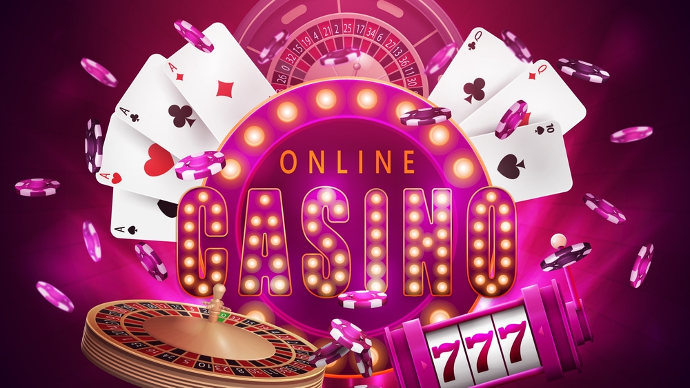 Online,Casino,,Pink,Poster,With,Casino,Elements.,Retro,Signboard,,Slot